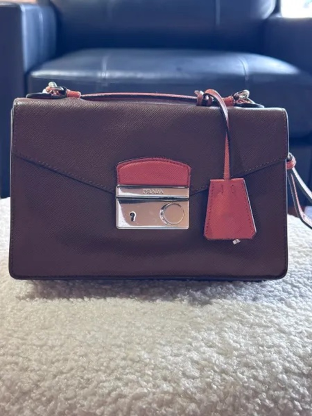 Prada Brown and Red Saffiano Leather Shoulder Bag